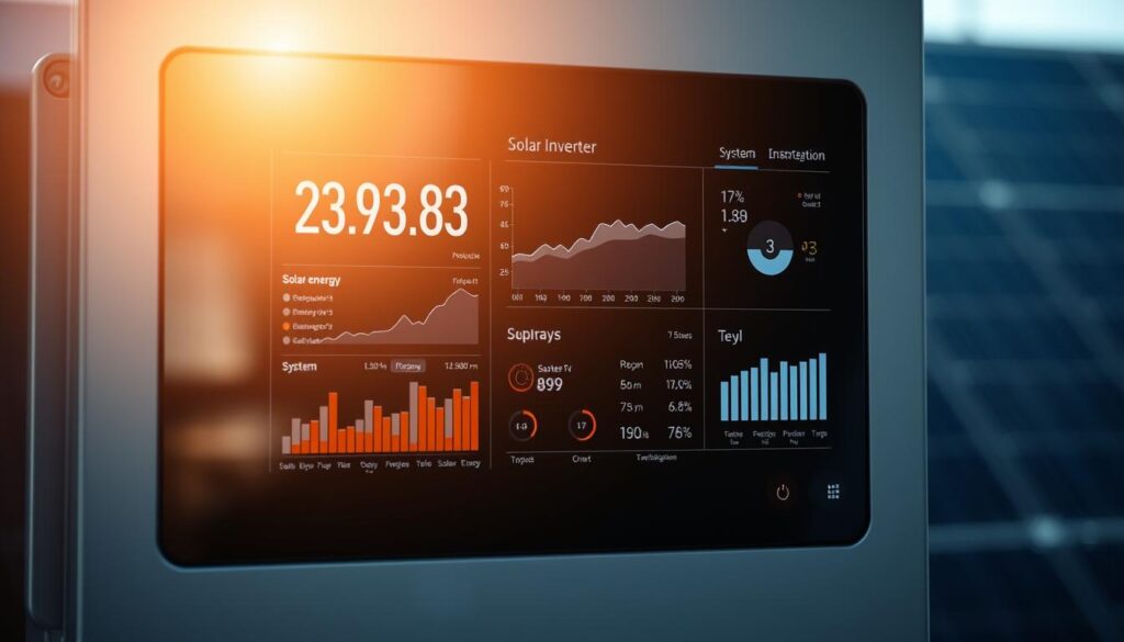A high-tech solar inverter display showing real-time performance metrics and analytics in a sleek, minimalist interface. The screen is bathed in a warm, ambient glow, with subtle reflections dancing across the smooth, matte surface. In the foreground, neatly arranged visualizations and charts illustrate solar energy production, efficiency, and system health status. The middle ground features clean, typographic elements presenting key performance indicators, while the background subtly suggests the inverter's integration with the broader solar energy system. The overall impression is one of precision, control, and a seamless fusion of technology and renewable power.